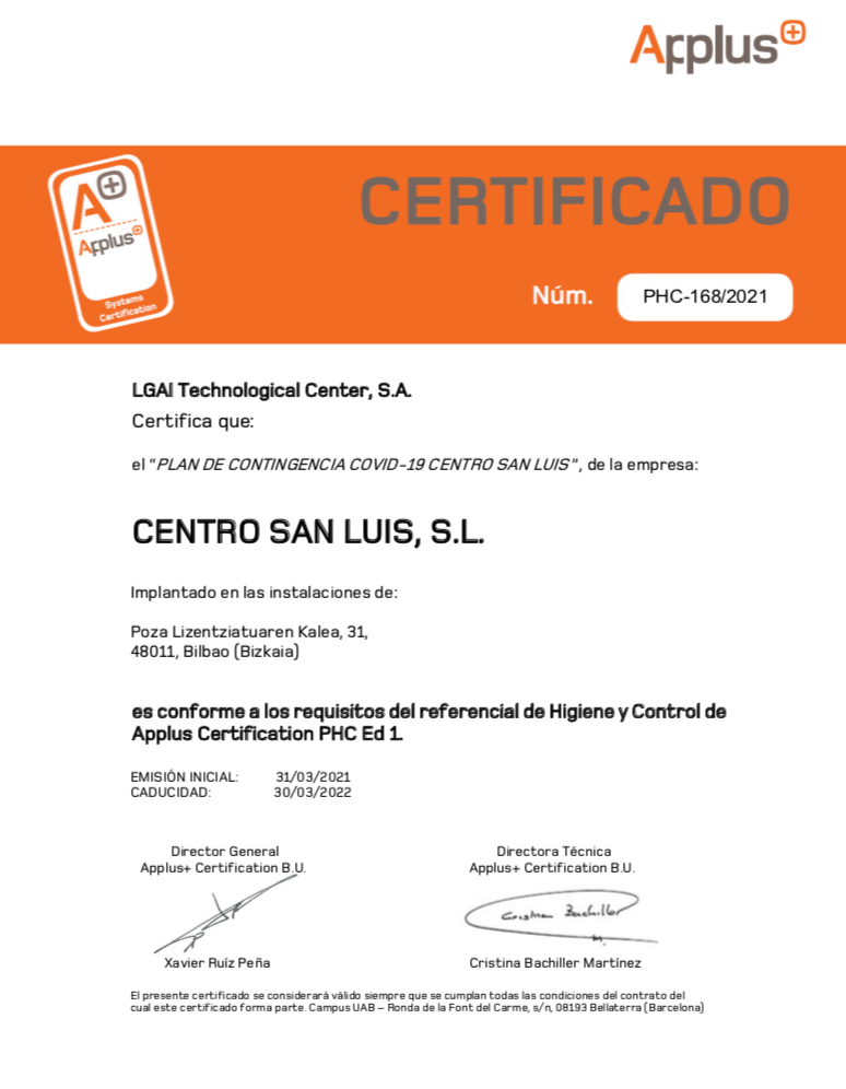 Certificado oficial del protocolo Contra el COVID Certificado de Centro San Luis por su protocolo de contingencia COVID